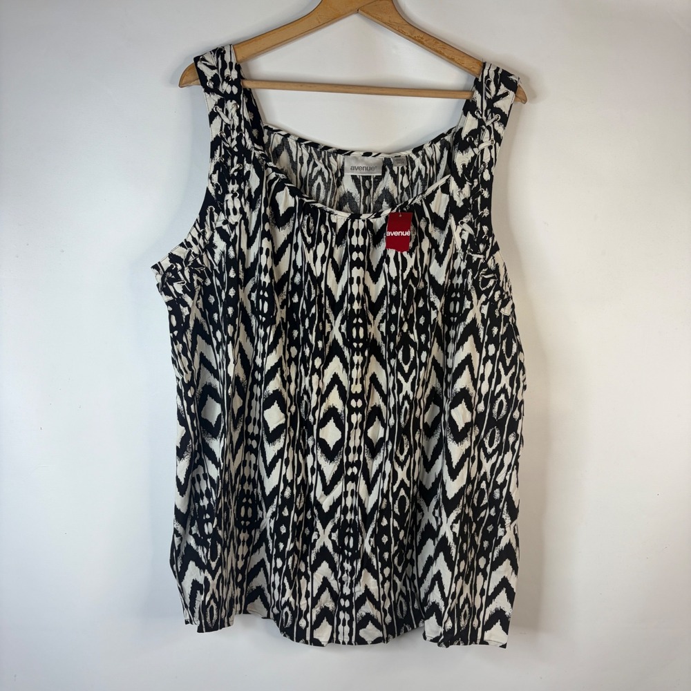 Avenue Tank Top Women 26/28 Black White Ikat Lace Up Shoulder Geometric